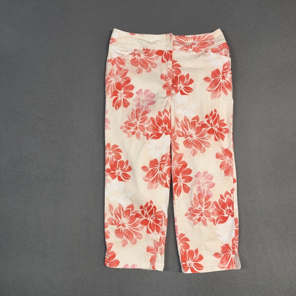 Bill Blass Pants Womens 8 Pink White Straight Capri Flower Print Cotton Blend